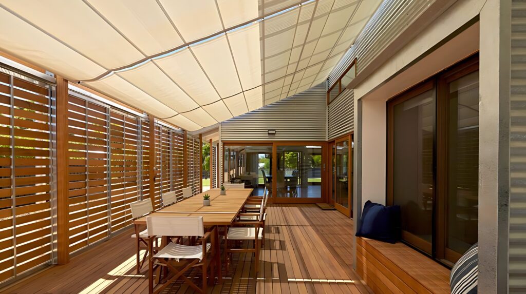 Retractable Shade fabric canopy installed over timber deck outdoor dining space