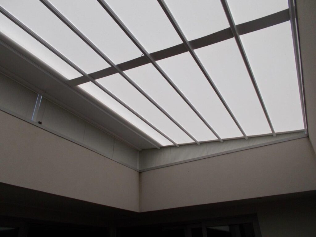  commercial canopy system installed in outdoor public seating area