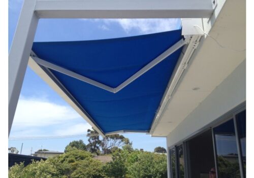 blue retractable folding arm awning