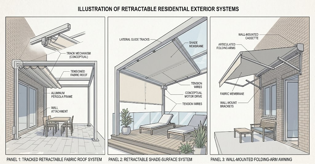 Retractable pergola roof, shade runner, and folding-arm patio awning compared for overhead outdoor shade.
