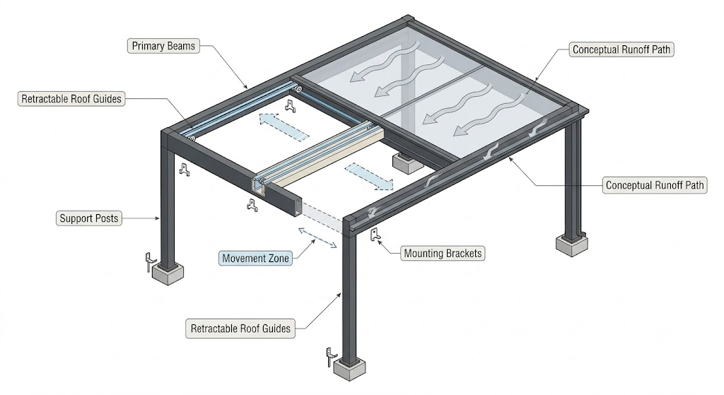 Existing pergola retractable roof compatibility diagram showing beams, posts, mounting points, clearance and drainage.